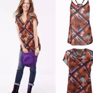 CAbi 3773 lattice plaid floral printed layers top